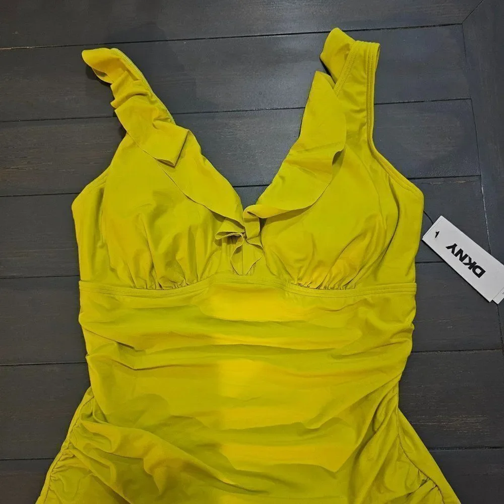 DKNY Women's Bright Yellow Ruffle Detail underwire One-Piece Swimsuit Size Large - Picture 3 of 14